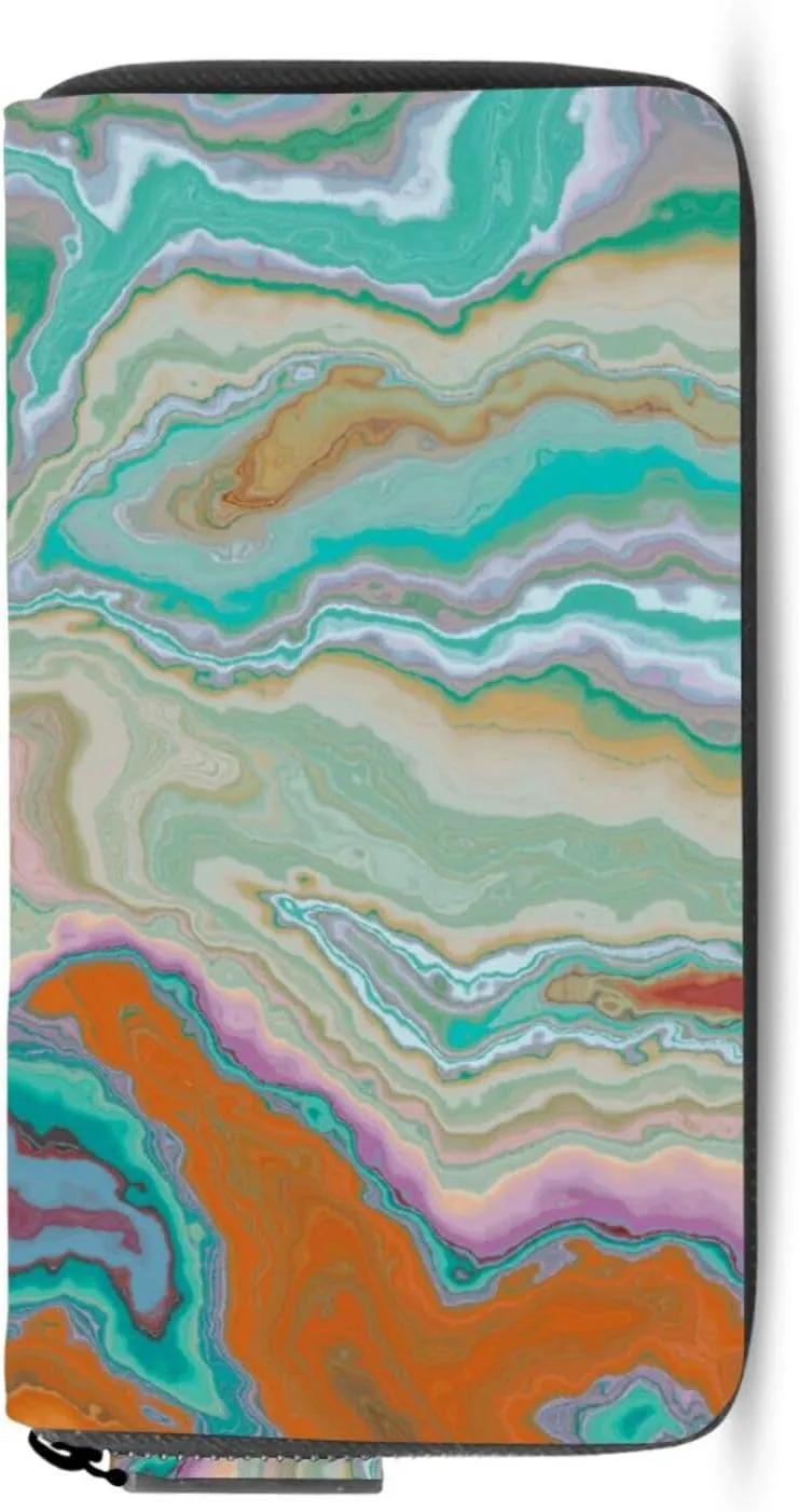 Luxurious Abstract Fluid Art Mixture of Turquoise Orange Beige Leather Long Wallet Organizer with Zipper Purse Clutch Bag for Women Men Key Card Coin Passport Checkbook 8 x 4 inch