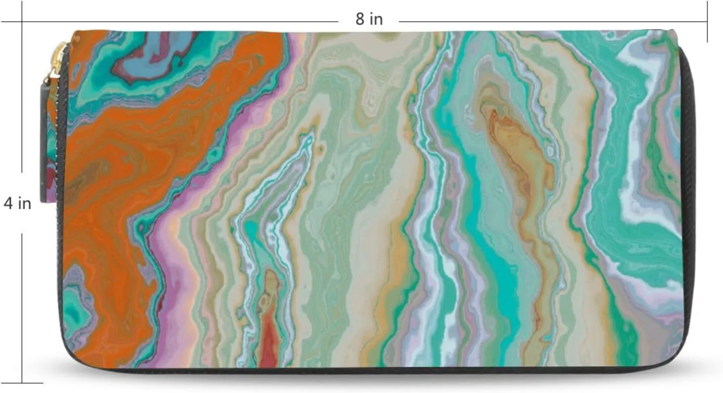 Luxurious Abstract Fluid Art Mixture of Turquoise Orange Beige Leather Long Wallet Organizer with Zipper Purse Clutch Bag for Women Men Key Card Coin Passport Checkbook 8 x 4 inch