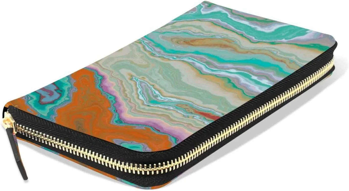 Luxurious Abstract Fluid Art Mixture of Turquoise Orange Beige Leather Long Wallet Organizer with Zipper Purse Clutch Bag for Women Men Key Card Coin Passport Checkbook 8 x 4 inch