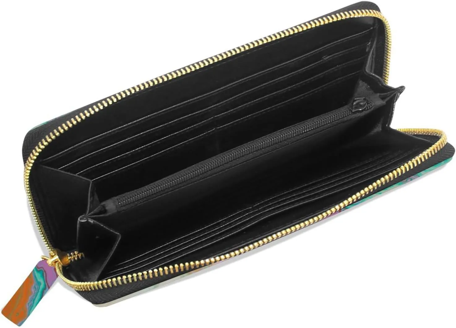 Luxurious Abstract Fluid Art Mixture of Turquoise Orange Beige Leather Long Wallet Organizer with Zipper Purse Clutch Bag for Women Men Key Card Coin Passport Checkbook 8 x 4 inch