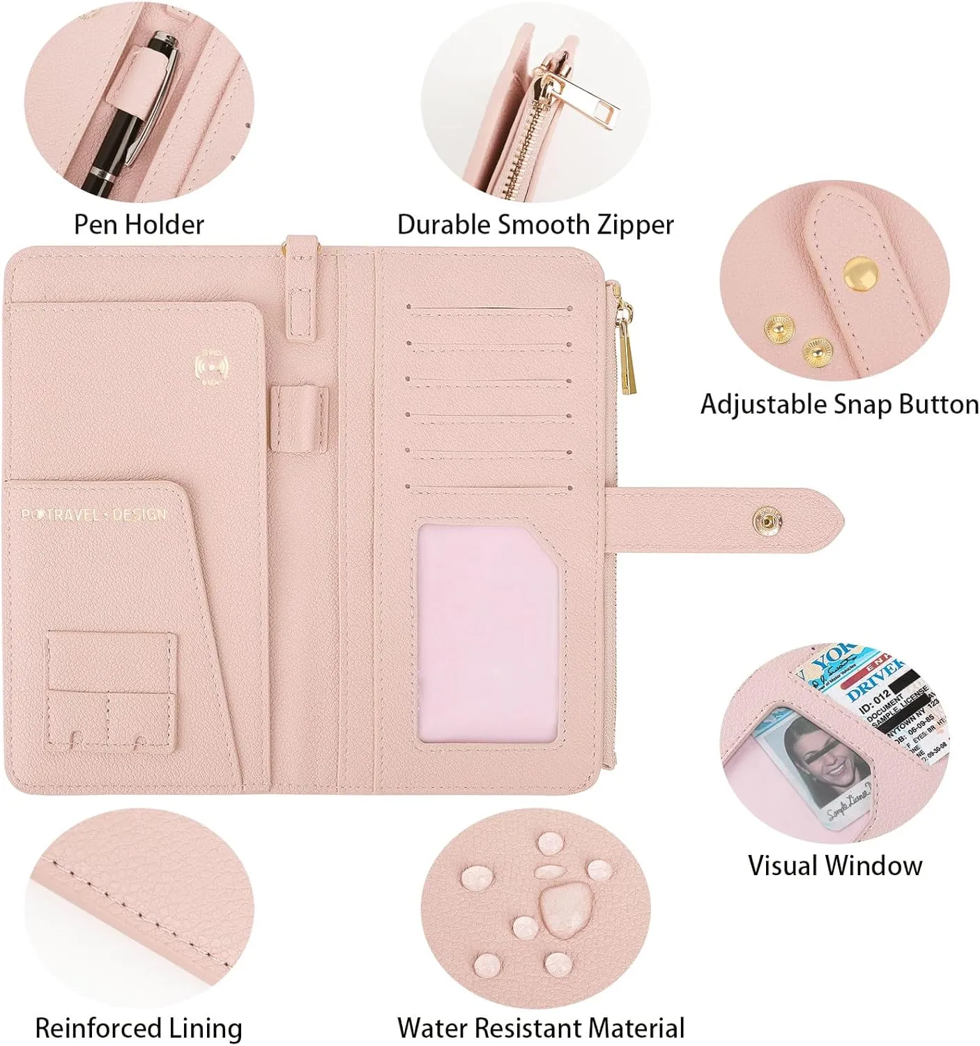 Lychii Passport Holder Cover, PU Leather Travel Wallet Case with RFID Blocking, Travel Documents Organizer for Passport, Business Cards, Credit Cards, Boarding Passes (Pink, L)