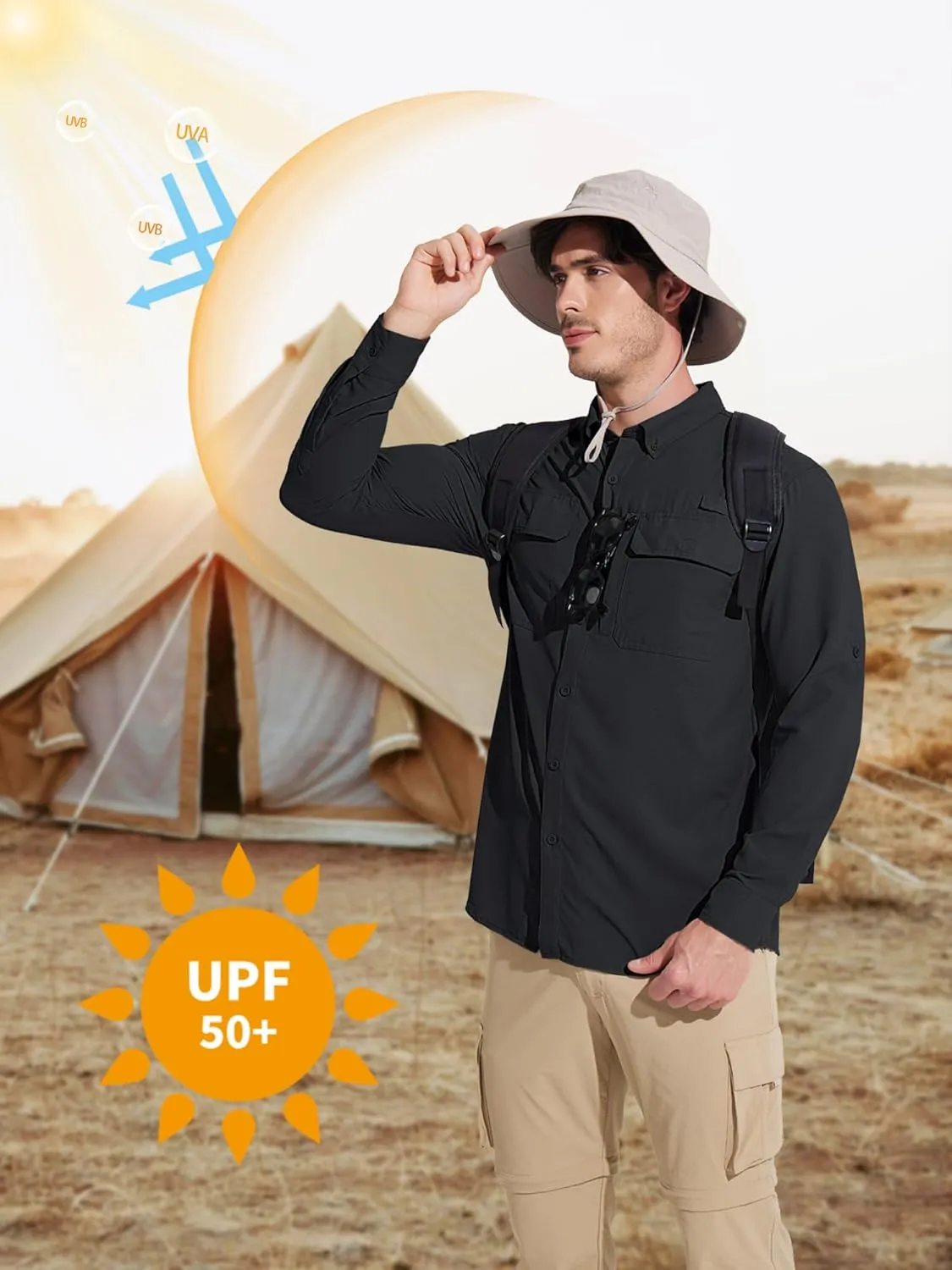 MAGCOMSEN Men's Sun Protection Fishing Shirts Long Sleeve UPF 50  Quick Dry Cooling Button Down Shirt for Hiking Safari