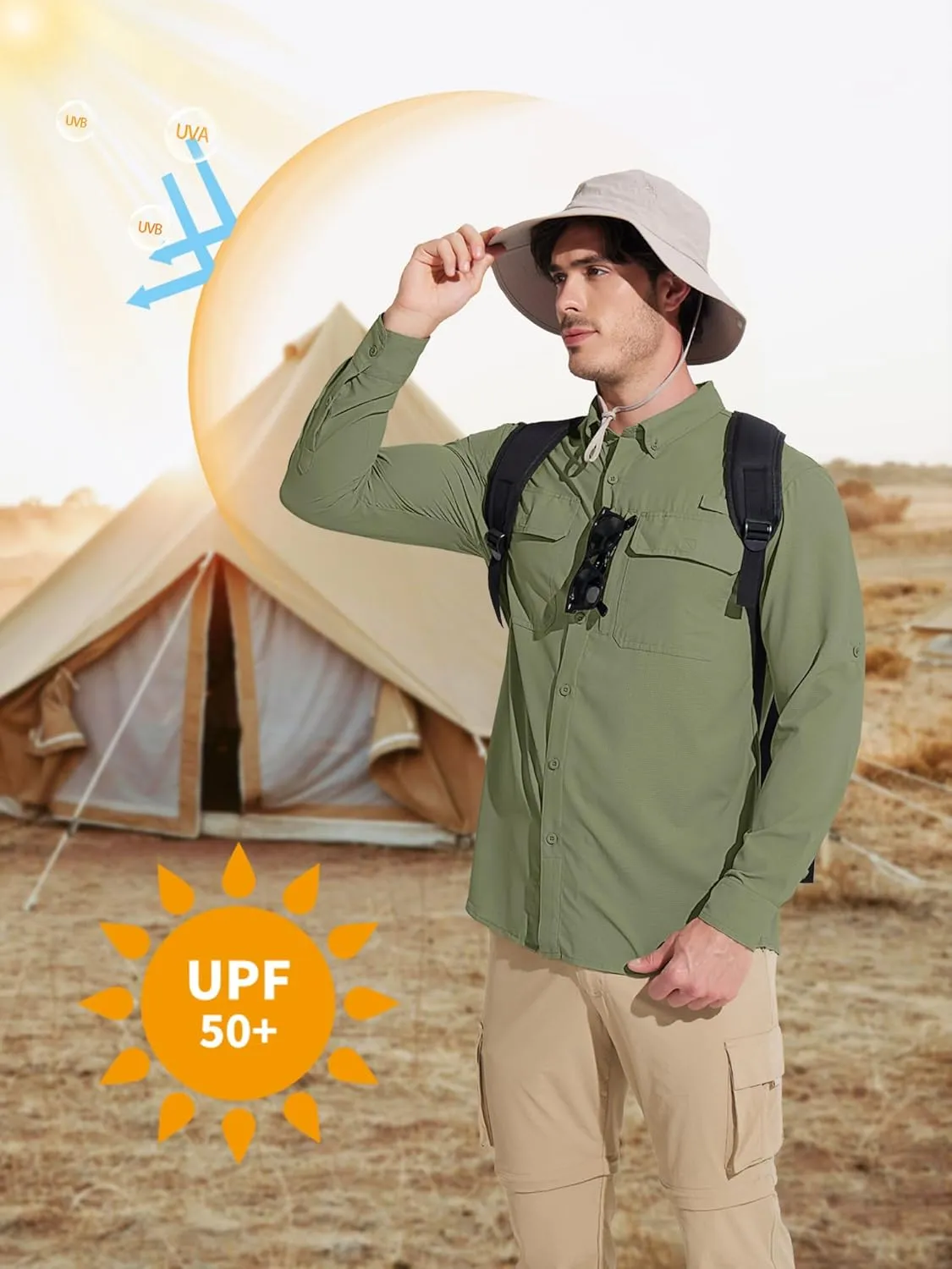 MAGCOMSEN Men's Sun Protection Fishing Shirts Long Sleeve UPF 50  Quick Dry Cooling Button Down Shirt for Hiking Safari