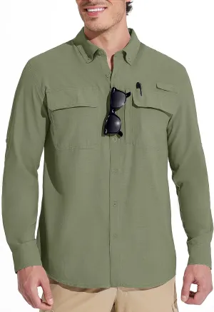 MAGCOMSEN Men's Sun Protection Fishing Shirts Long Sleeve UPF 50  Quick Dry Cooling Button Down Shirt for Hiking Safari