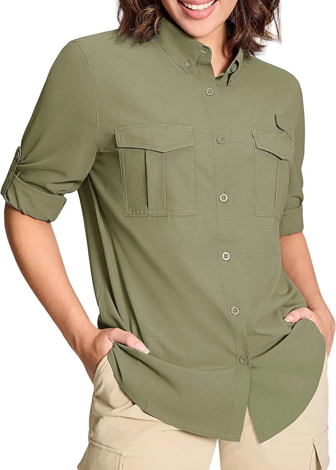 MAGCOMSEN Women's UPF 50  Long Sleeve Fishing Shirts UV Sun Protection Quick Dry Button Down Safari Hiking Travel Shirts