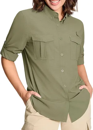 MAGCOMSEN Women's UPF 50  Long Sleeve Fishing Shirts UV Sun Protection Quick Dry Button Down Safari Hiking Travel Shirts