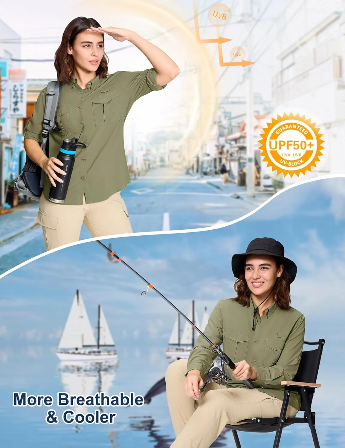 MAGCOMSEN Women's UPF 50  Long Sleeve Fishing Shirts UV Sun Protection Quick Dry Button Down Safari Hiking Travel Shirts