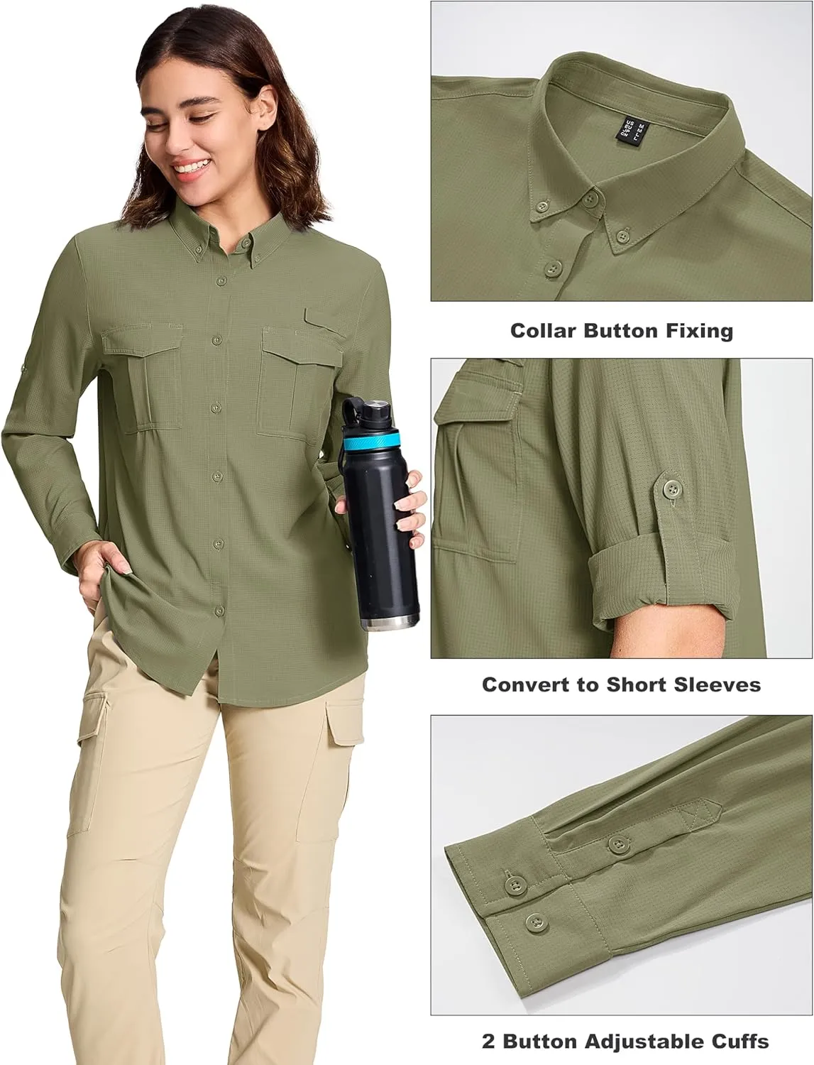 MAGCOMSEN Women's UPF 50  Long Sleeve Fishing Shirts UV Sun Protection Quick Dry Button Down Safari Hiking Travel Shirts