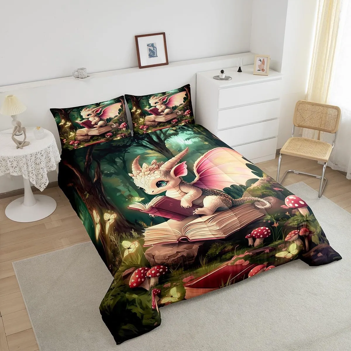 Magical Dragon Wildlife Comforter Set Full Size Childlike Fairy Tale Bedding Set Kids Bedroom Decor Cute Jungle Mushroom All Season Quilt Set Sparkling Butterfly Bedding Comforter Sets,3Pcs