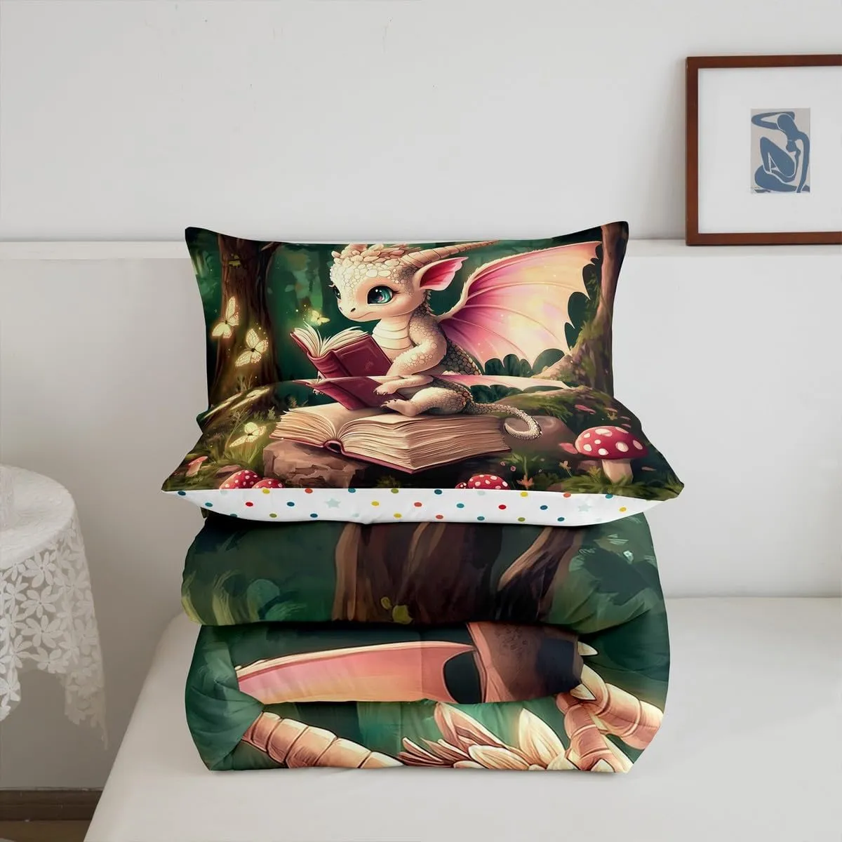 Magical Dragon Wildlife Comforter Set Full Size Childlike Fairy Tale Bedding Set Kids Bedroom Decor Cute Jungle Mushroom All Season Quilt Set Sparkling Butterfly Bedding Comforter Sets,3Pcs