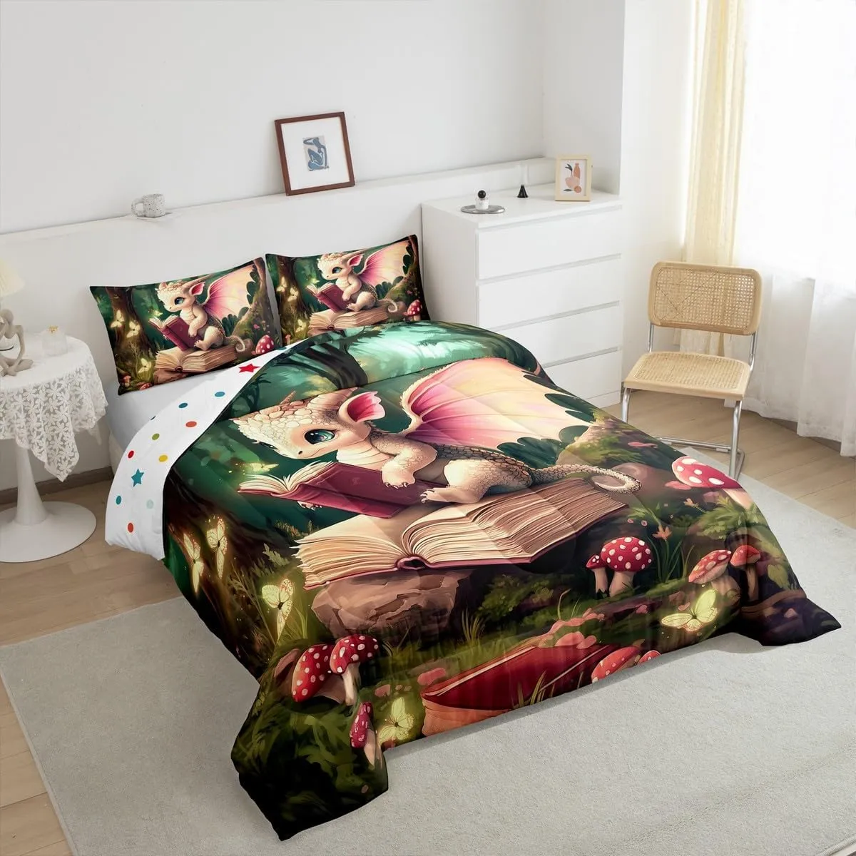 Magical Dragon Wildlife Comforter Set Full Size Childlike Fairy Tale Bedding Set Kids Bedroom Decor Cute Jungle Mushroom All Season Quilt Set Sparkling Butterfly Bedding Comforter Sets,3Pcs