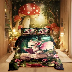 Magical Dragon Wildlife Comforter Set Full Size Childlike Fairy Tale Bedding Set Kids Bedroom Decor Cute Jungle Mushroom All Season Quilt Set Sparkling Butterfly Bedding Comforter Sets,3Pcs