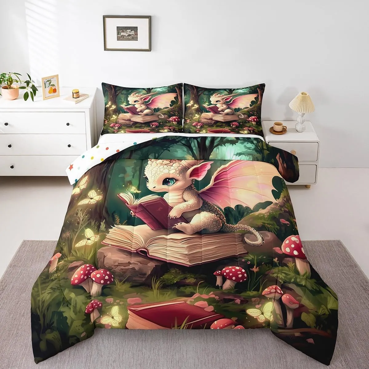 Magical Dragon Wildlife Comforter Set Full Size Childlike Fairy Tale Bedding Set Kids Bedroom Decor Cute Jungle Mushroom All Season Quilt Set Sparkling Butterfly Bedding Comforter Sets,3Pcs