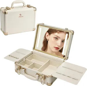Makeup Train Cases with Light Up Mirror 3 Color Setting, Lighted Makeup Case Organizer with Detachable Tray, Travel Makeup Box with Light for Make up Tools Storage - Vegan Leather