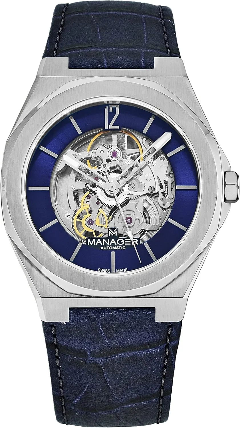 Manager Men's 'Open Mind' Blue Dial Blue Leather Strap Automatic Watch MAN-RO-03-SL