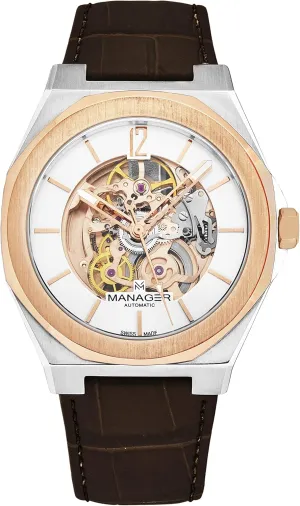 Manager Men's 'Open Mind' Silver Dial Brown Leather Strap Automatic Watch MAN-RO-05-BL