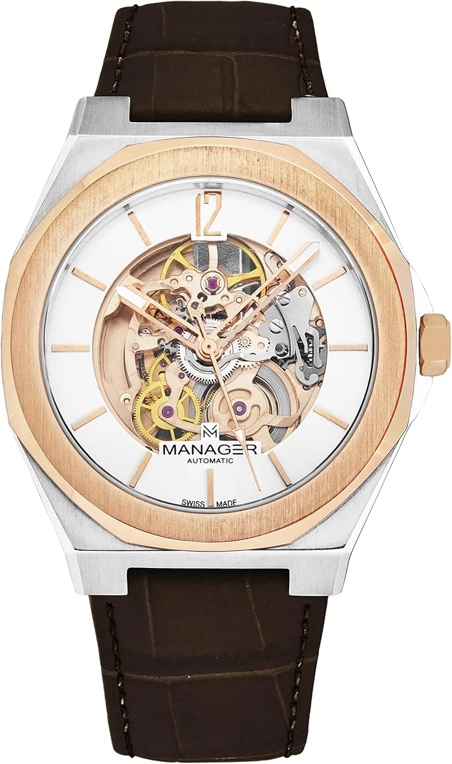 Manager Men's 'Open Mind' Silver Dial Brown Leather Strap Automatic Watch MAN-RO-05-BL
