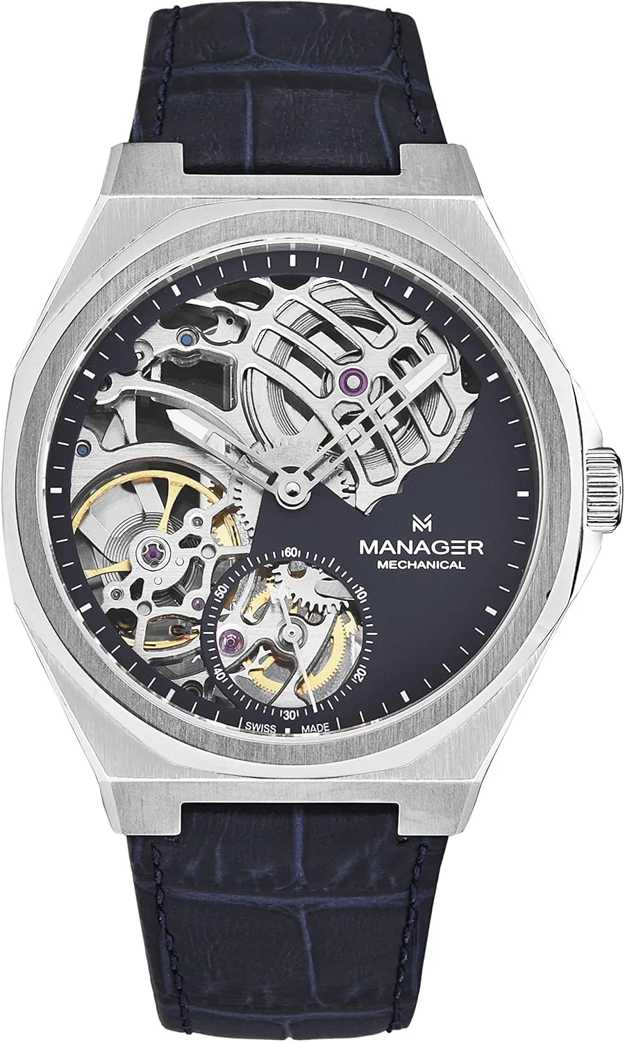 Manager Men's 'Revolution' Blue Dial Blue Leather Strap Hand Winding Watch MAN-RM-03-SL