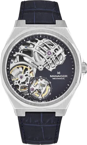 Manager Men's 'Revolution' Blue Dial Blue Leather Strap Hand Winding Watch MAN-RM-03-SL