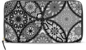 Mandala Vintage Islamic, Arabic, Indian, Ottoman Floral Motifs Leather Long Wallet Organizer with Zipper Purse Clutch Bag for Women Men Key Card Coin Passport Checkbook 8 x 4 inch