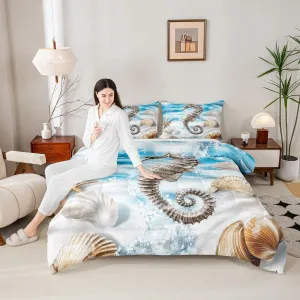 Manfei Beach Comforter Set King Size, Seahorse Starfish Conch Scallop Bedding Set 3pcs, Cartoon Marine Animals Down Comforter for All Season, Kids Boys Girls Room Decor, 2 Pillowcases, No Sheets