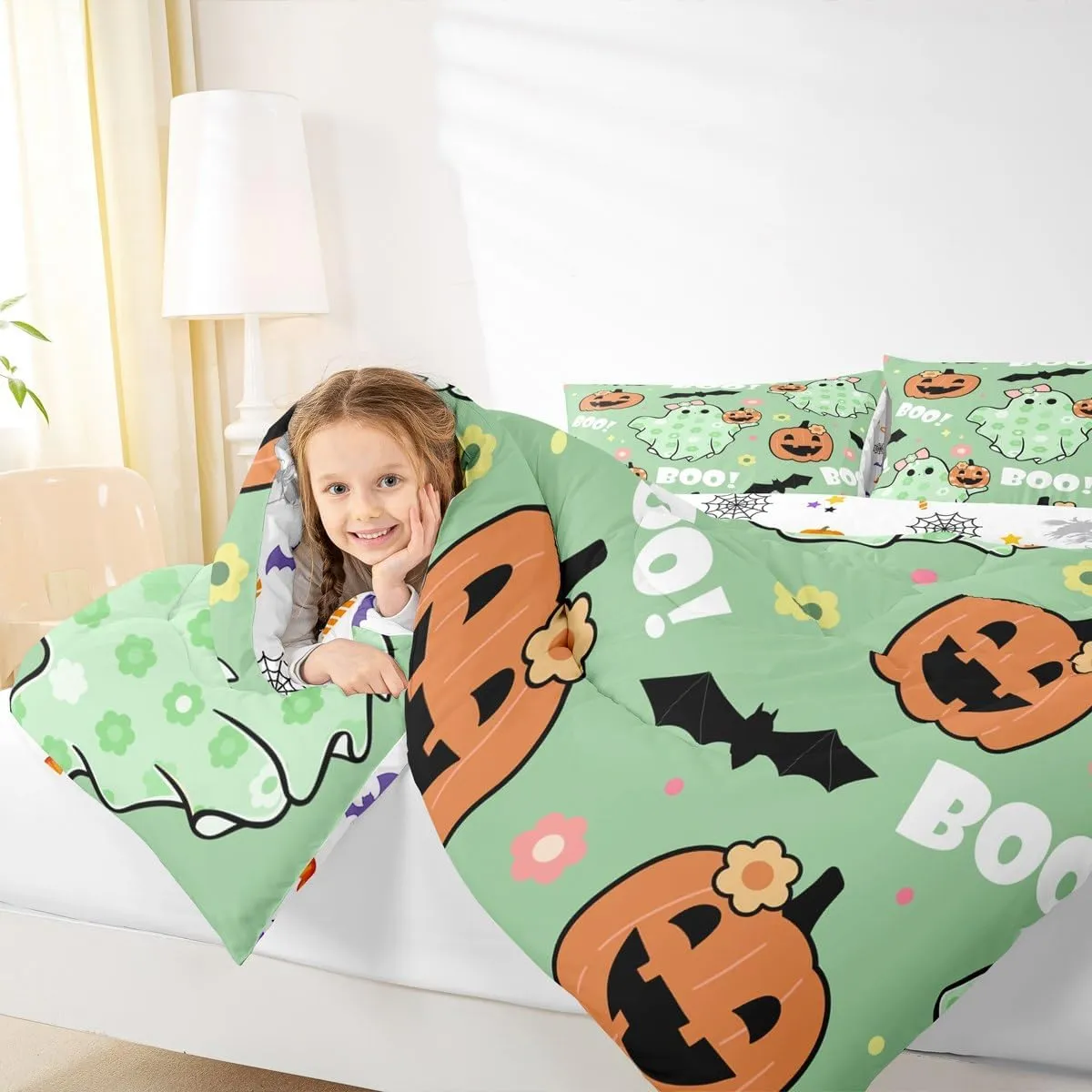 Manfei Cartoon Ghost Kids Comforter Set King Size,Dreamy Bowknot Daisy Flowers Bedding Set,Girls Women Room Decor,Gothic Bat Pumpkin Halloween Theme Down Comforter,Green Duvet Insert,2 Pillowcases