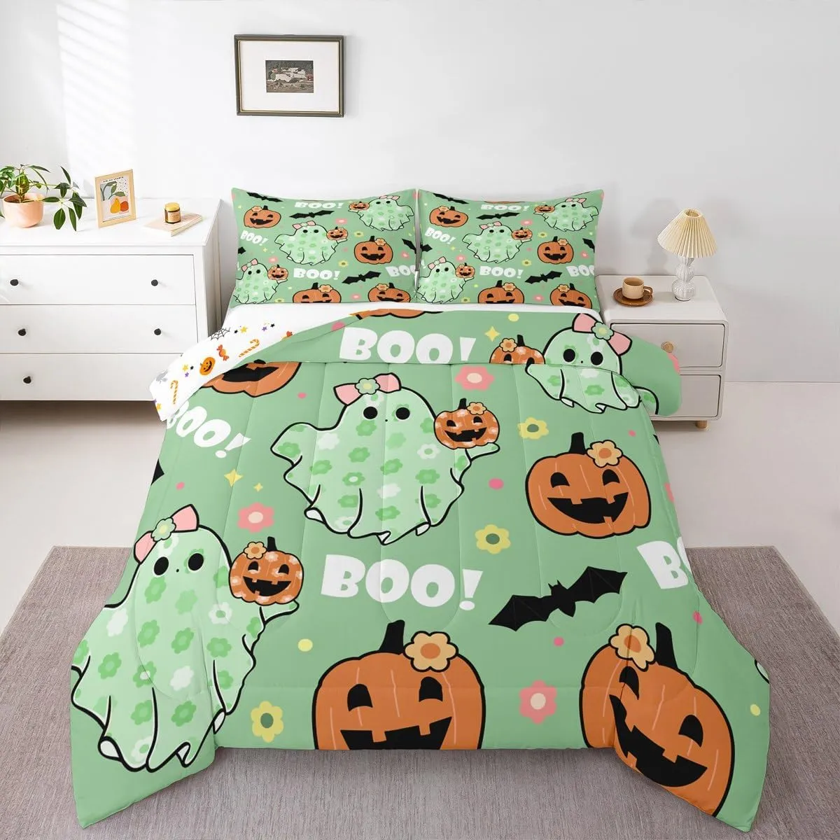 Manfei Cartoon Ghost Kids Comforter Set King Size,Dreamy Bowknot Daisy Flowers Bedding Set,Girls Women Room Decor,Gothic Bat Pumpkin Halloween Theme Down Comforter,Green Duvet Insert,2 Pillowcases