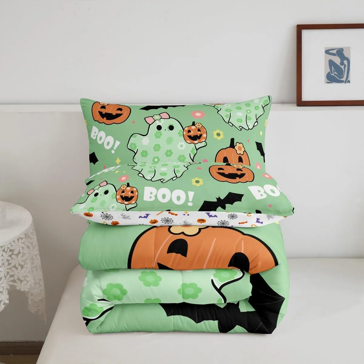 Manfei Cartoon Ghost Kids Comforter Set King Size,Dreamy Bowknot Daisy Flowers Bedding Set,Girls Women Room Decor,Gothic Bat Pumpkin Halloween Theme Down Comforter,Green Duvet Insert,2 Pillowcases