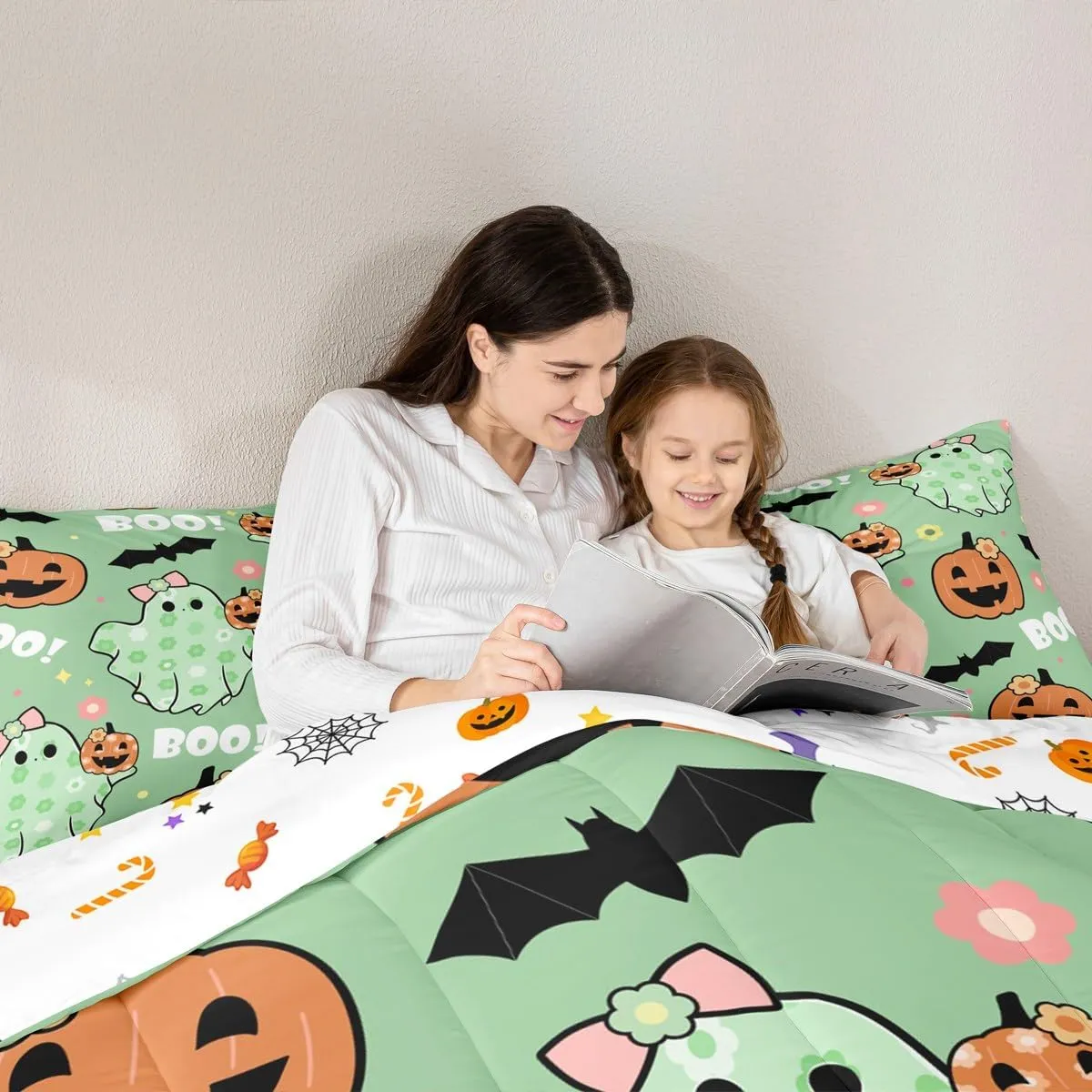 Manfei Cartoon Ghost Kids Comforter Set King Size,Dreamy Bowknot Daisy Flowers Bedding Set,Girls Women Room Decor,Gothic Bat Pumpkin Halloween Theme Down Comforter,Green Duvet Insert,2 Pillowcases