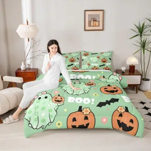 Manfei Cartoon Ghost Kids Comforter Set King Size,Dreamy Bowknot Daisy Flowers Bedding Set,Girls Women Room Decor,Gothic Bat Pumpkin Halloween Theme Down Comforter,Green Duvet Insert,2 Pillowcases