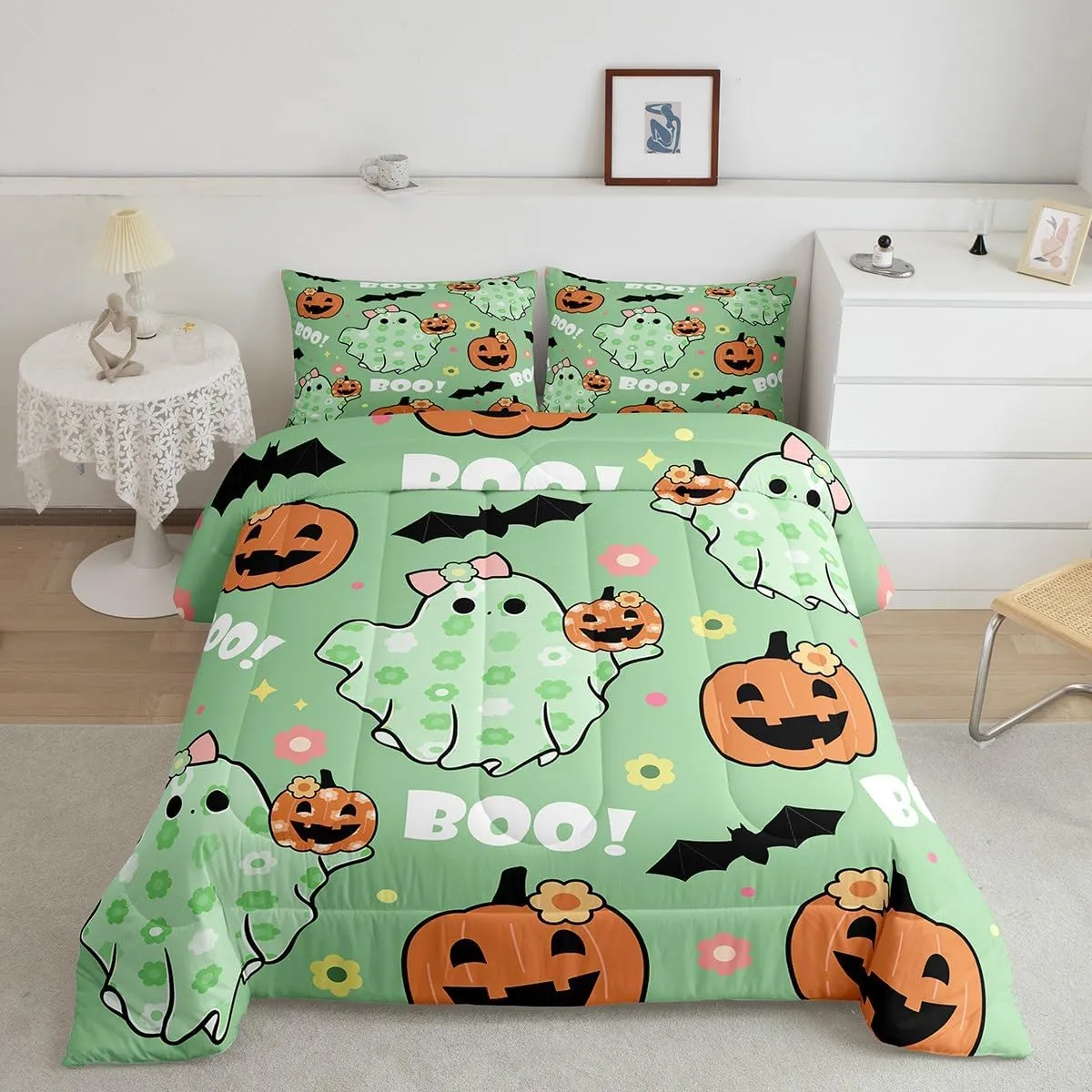 Manfei Cartoon Ghost Kids Comforter Set King Size,Dreamy Bowknot Daisy Flowers Bedding Set,Girls Women Room Decor,Gothic Bat Pumpkin Halloween Theme Down Comforter,Green Duvet Insert,2 Pillowcases