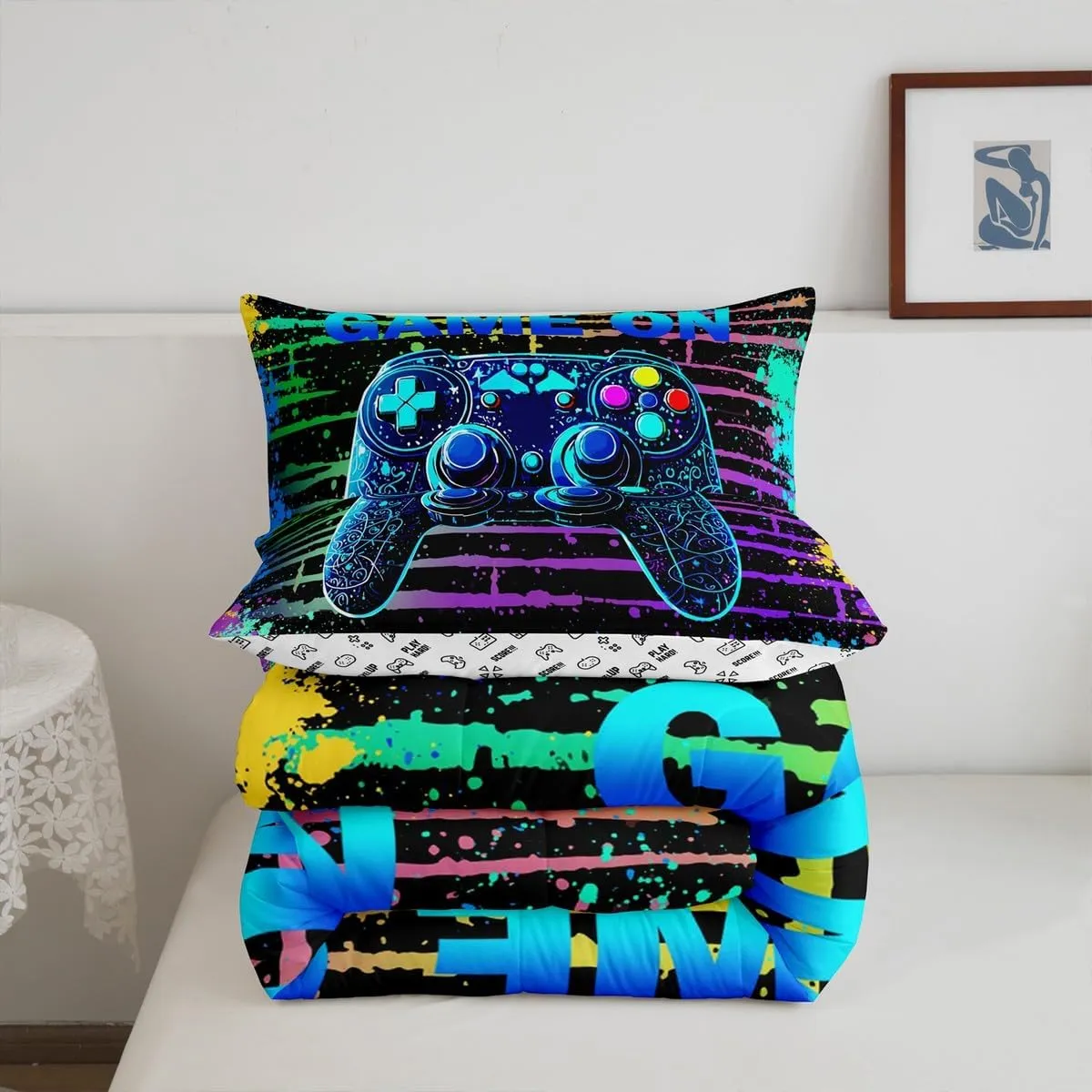 Manfei Gamepad Console Kids Comforter Set King Size,Geometric Tie-dye Stripe Graffiti Video Game Bedding Set,Girls Boys Room Decor,Modern Gamer Gaming Quilt Comforter,Blue Duvet Insert,2 Pillowcases