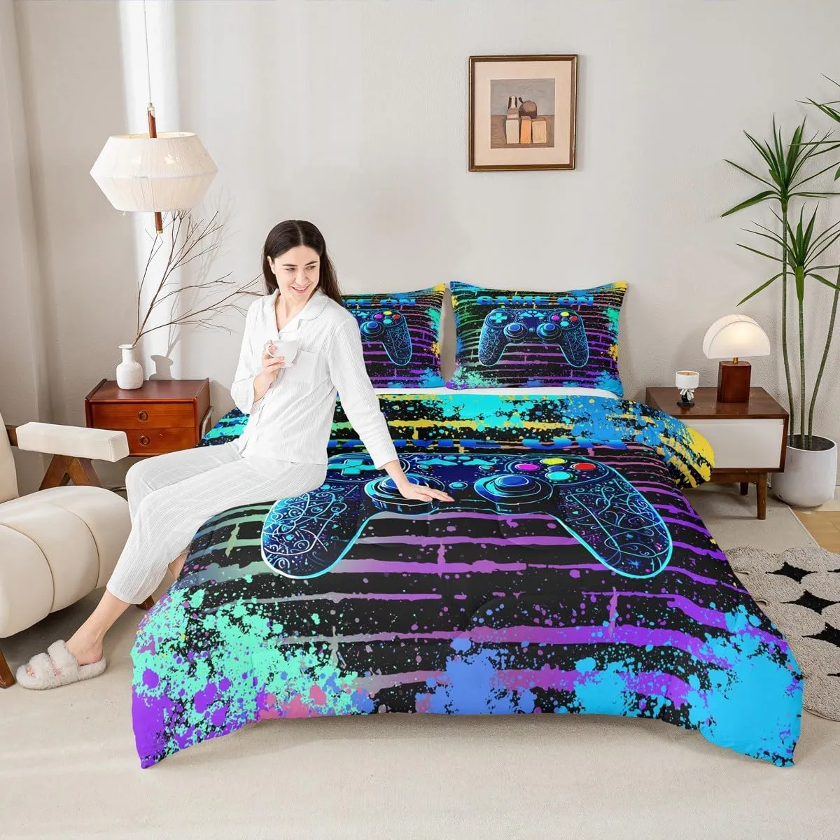 Manfei Gamepad Console Kids Comforter Set King Size,Geometric Tie-dye Stripe Graffiti Video Game Bedding Set,Girls Boys Room Decor,Modern Gamer Gaming Quilt Comforter,Blue Duvet Insert,2 Pillowcases