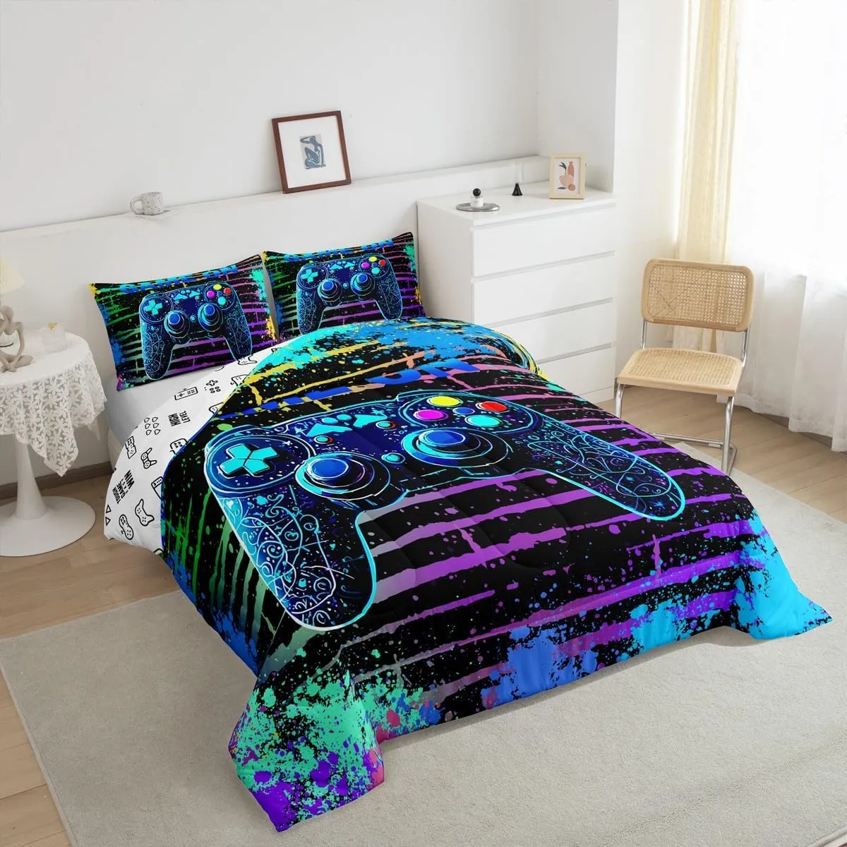Manfei Gamepad Console Kids Comforter Set King Size,Geometric Tie-dye Stripe Graffiti Video Game Bedding Set,Girls Boys Room Decor,Modern Gamer Gaming Quilt Comforter,Blue Duvet Insert,2 Pillowcases