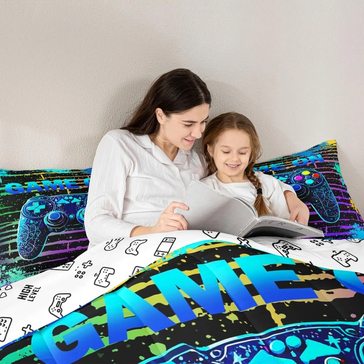 Manfei Gamepad Console Kids Comforter Set King Size,Geometric Tie-dye Stripe Graffiti Video Game Bedding Set,Girls Boys Room Decor,Modern Gamer Gaming Quilt Comforter,Blue Duvet Insert,2 Pillowcases