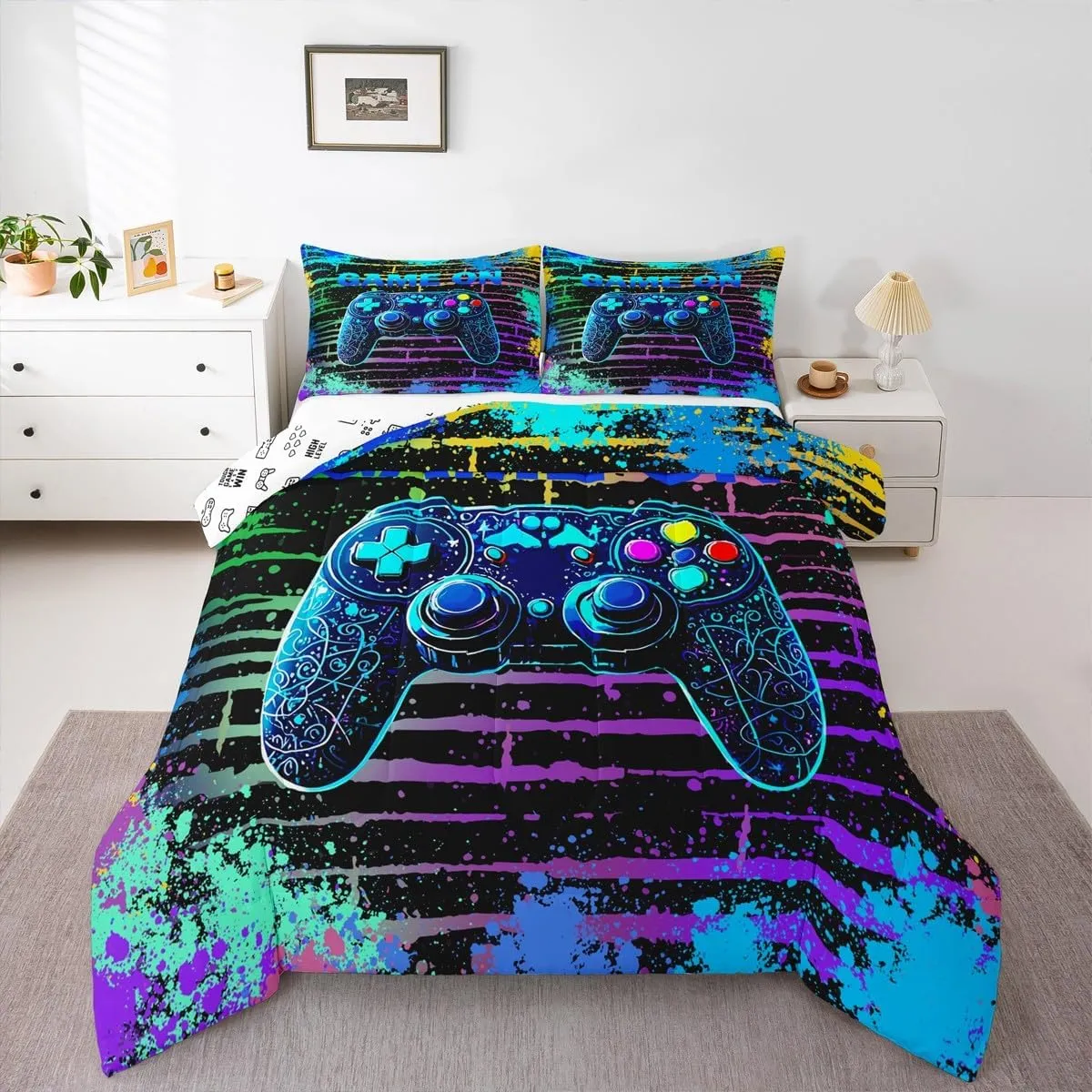 Manfei Gamepad Console Kids Comforter Set King Size,Geometric Tie-dye Stripe Graffiti Video Game Bedding Set,Girls Boys Room Decor,Modern Gamer Gaming Quilt Comforter,Blue Duvet Insert,2 Pillowcases
