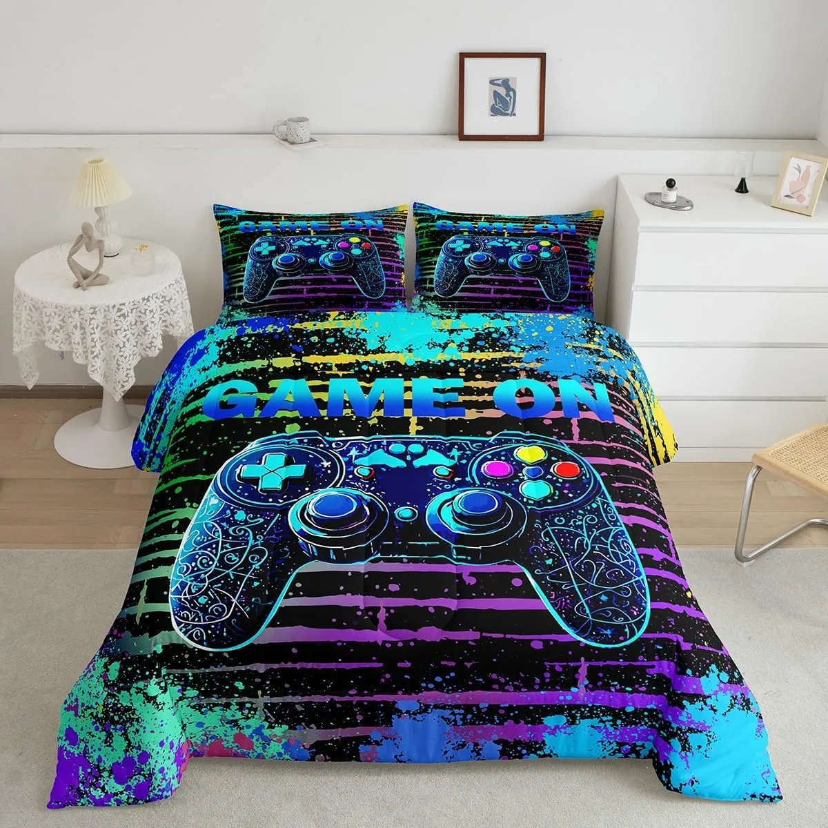 Manfei Gamepad Console Kids Comforter Set King Size,Geometric Tie-dye Stripe Graffiti Video Game Bedding Set,Girls Boys Room Decor,Modern Gamer Gaming Quilt Comforter,Blue Duvet Insert,2 Pillowcases