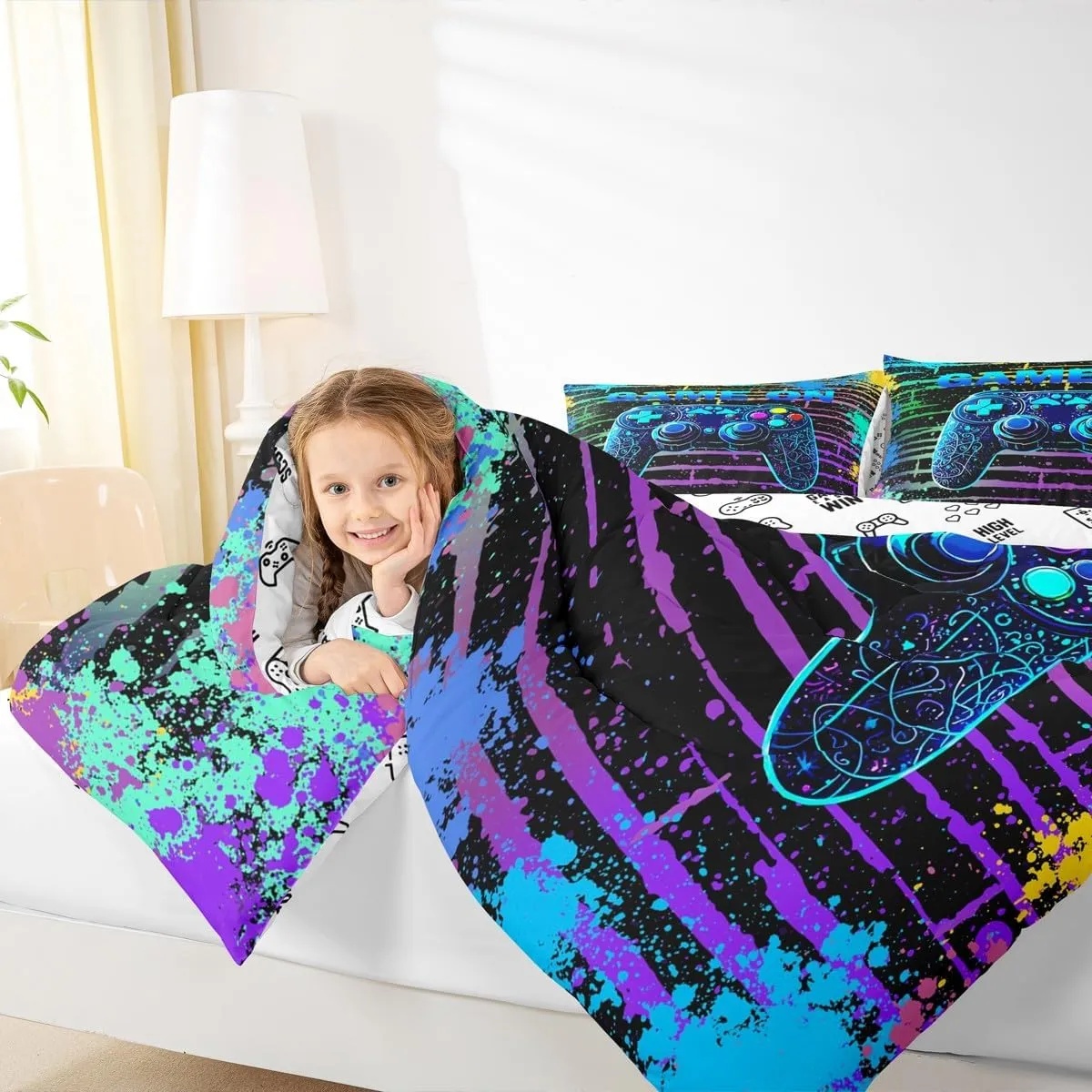 Manfei Gamepad Console Kids Comforter Set King Size,Geometric Tie-dye Stripe Graffiti Video Game Bedding Set,Girls Boys Room Decor,Modern Gamer Gaming Quilt Comforter,Blue Duvet Insert,2 Pillowcases