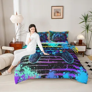Manfei Gamepad Console Kids Comforter Set King Size,Geometric Tie-dye Stripe Graffiti Video Game Bedding Set,Girls Boys Room Decor,Modern Gamer Gaming Quilt Comforter,Blue Duvet Insert,2 Pillowcases