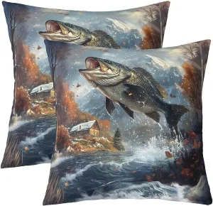 Manfei Jungle Bass Fish Pillow Covers,Outdoor Farmhouse Cabin Cushion Covers 22"x22"Fishing and Hunting Square Cushion Cases Set for Bedroom Office,3D Fish Nature Landscape Cushion Covers