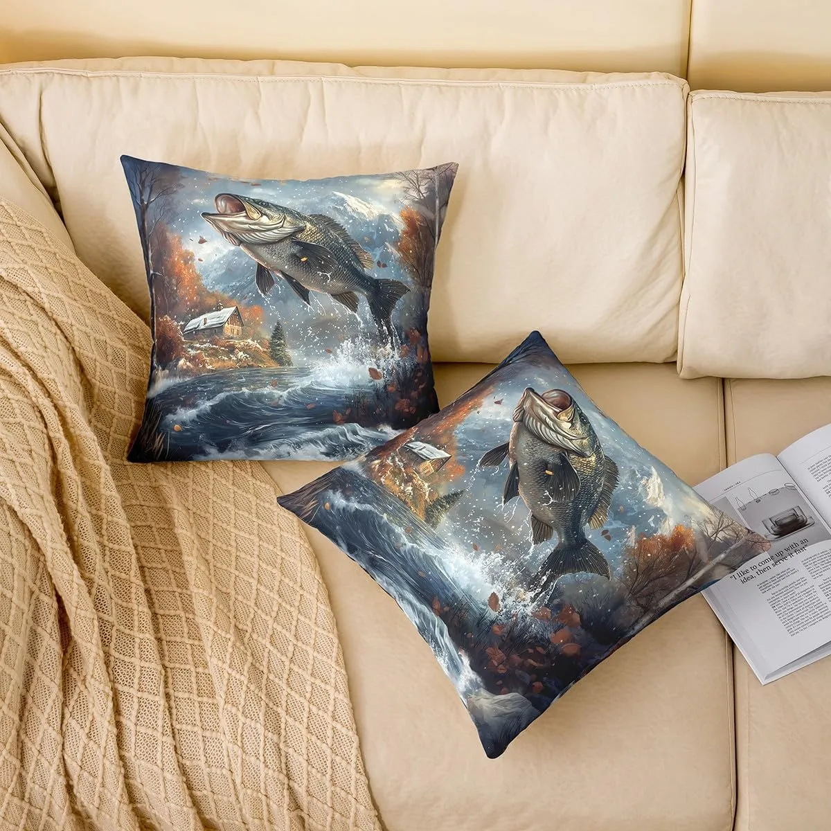 Manfei Jungle Bass Fish Pillow Covers,Outdoor Farmhouse Cabin Cushion Covers 22"x22"Fishing and Hunting Square Cushion Cases Set for Bedroom Office,3D Fish Nature Landscape Cushion Covers