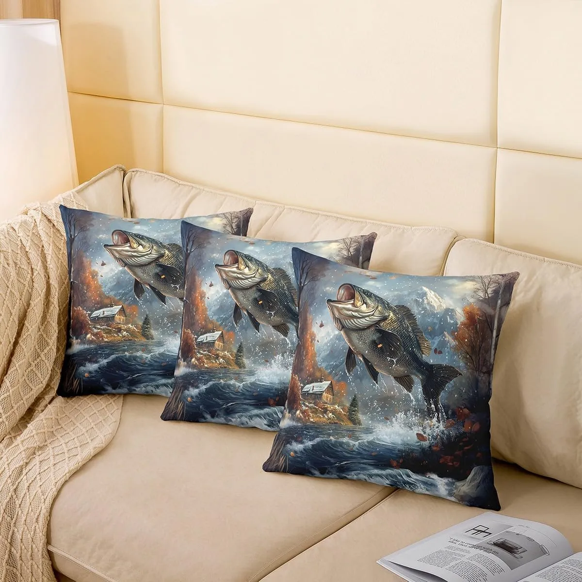 Manfei Jungle Bass Fish Pillow Covers,Outdoor Farmhouse Cabin Cushion Covers 22"x22"Fishing and Hunting Square Cushion Cases Set for Bedroom Office,3D Fish Nature Landscape Cushion Covers