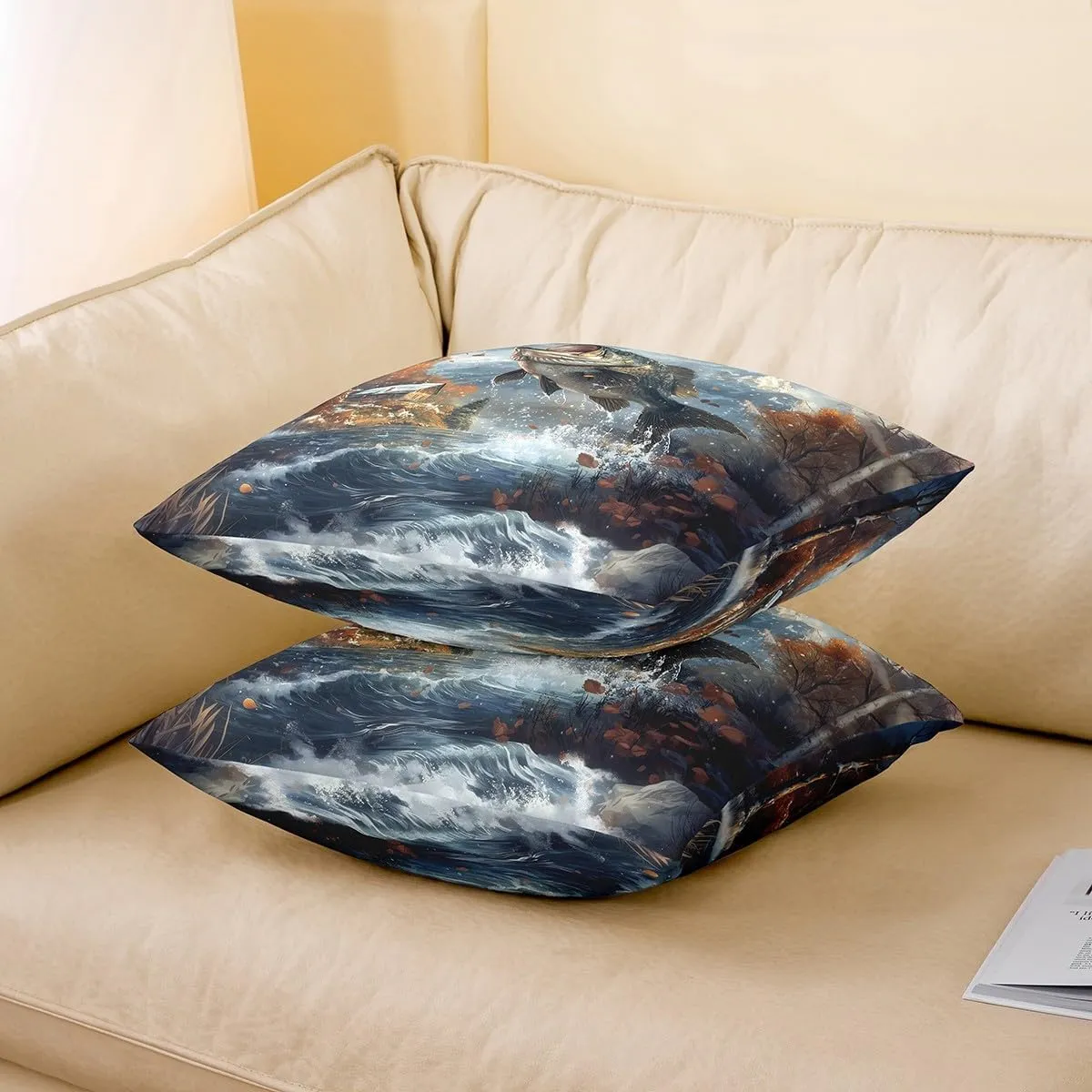 Manfei Jungle Bass Fish Pillow Covers,Outdoor Farmhouse Cabin Cushion Covers 22"x22"Fishing and Hunting Square Cushion Cases Set for Bedroom Office,3D Fish Nature Landscape Cushion Covers