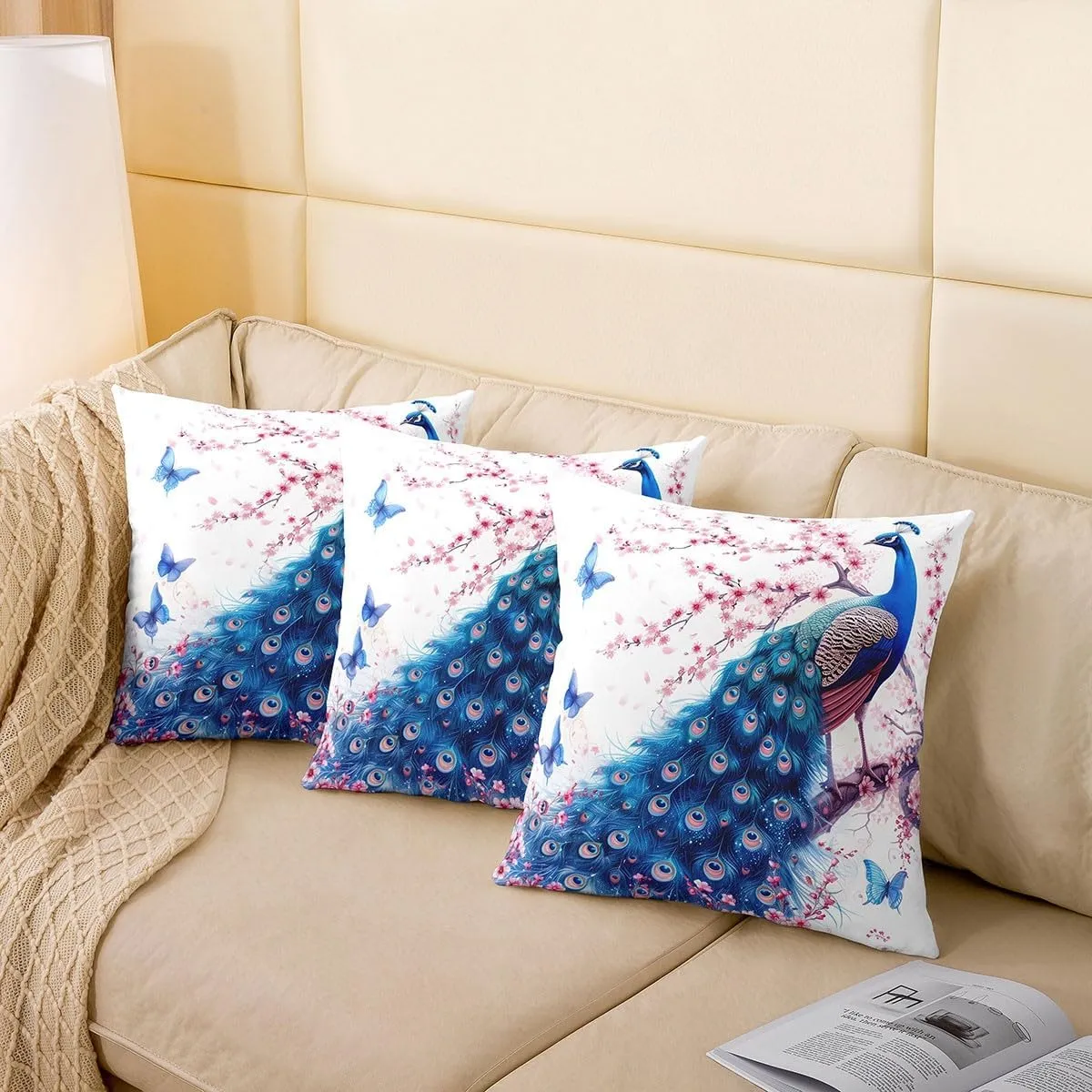 Manfei Peacock Pillow Covers 22"x22" Set of 2,Wild Blue Peacock Birds Reversible Throw Pillow Covers,Watercolor Cherry Blossom Pillow Cases for Kids Boys TeensNatural Butterfly Cushion Covers