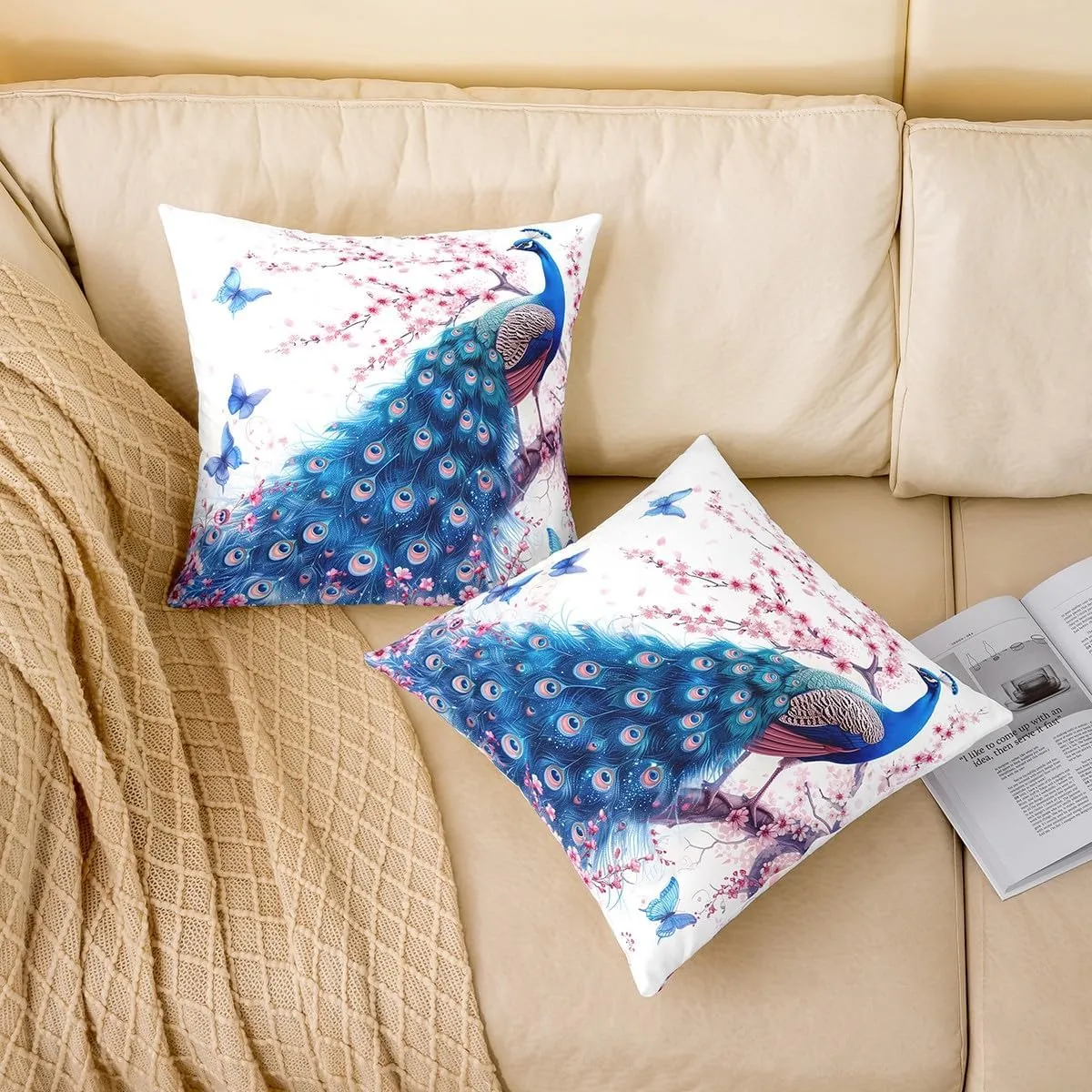 Manfei Peacock Pillow Covers 22"x22" Set of 2,Wild Blue Peacock Birds Reversible Throw Pillow Covers,Watercolor Cherry Blossom Pillow Cases for Kids Boys TeensNatural Butterfly Cushion Covers
