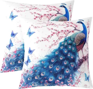 Manfei Peacock Pillow Covers 22"x22" Set of 2,Wild Blue Peacock Birds Reversible Throw Pillow Covers,Watercolor Cherry Blossom Pillow Cases for Kids Boys TeensNatural Butterfly Cushion Covers