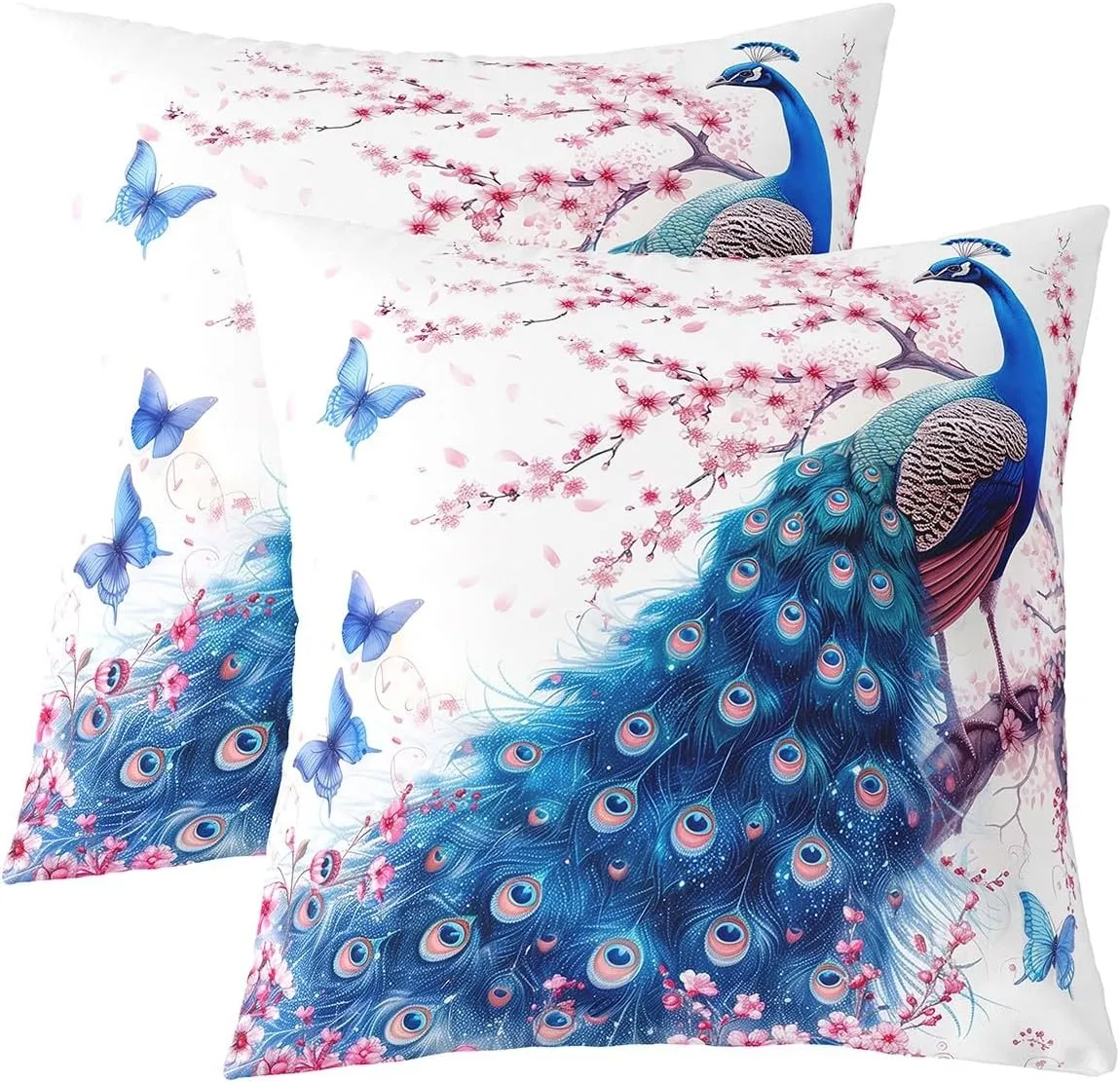 Manfei Peacock Pillow Covers 22"x22" Set of 2,Wild Blue Peacock Birds Reversible Throw Pillow Covers,Watercolor Cherry Blossom Pillow Cases for Kids Boys TeensNatural Butterfly Cushion Covers