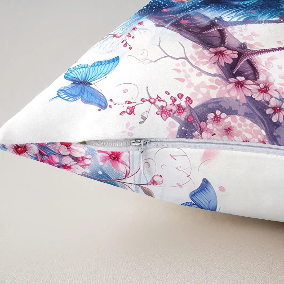 Manfei Peacock Pillow Covers 22"x22" Set of 2,Wild Blue Peacock Birds Reversible Throw Pillow Covers,Watercolor Cherry Blossom Pillow Cases for Kids Boys TeensNatural Butterfly Cushion Covers