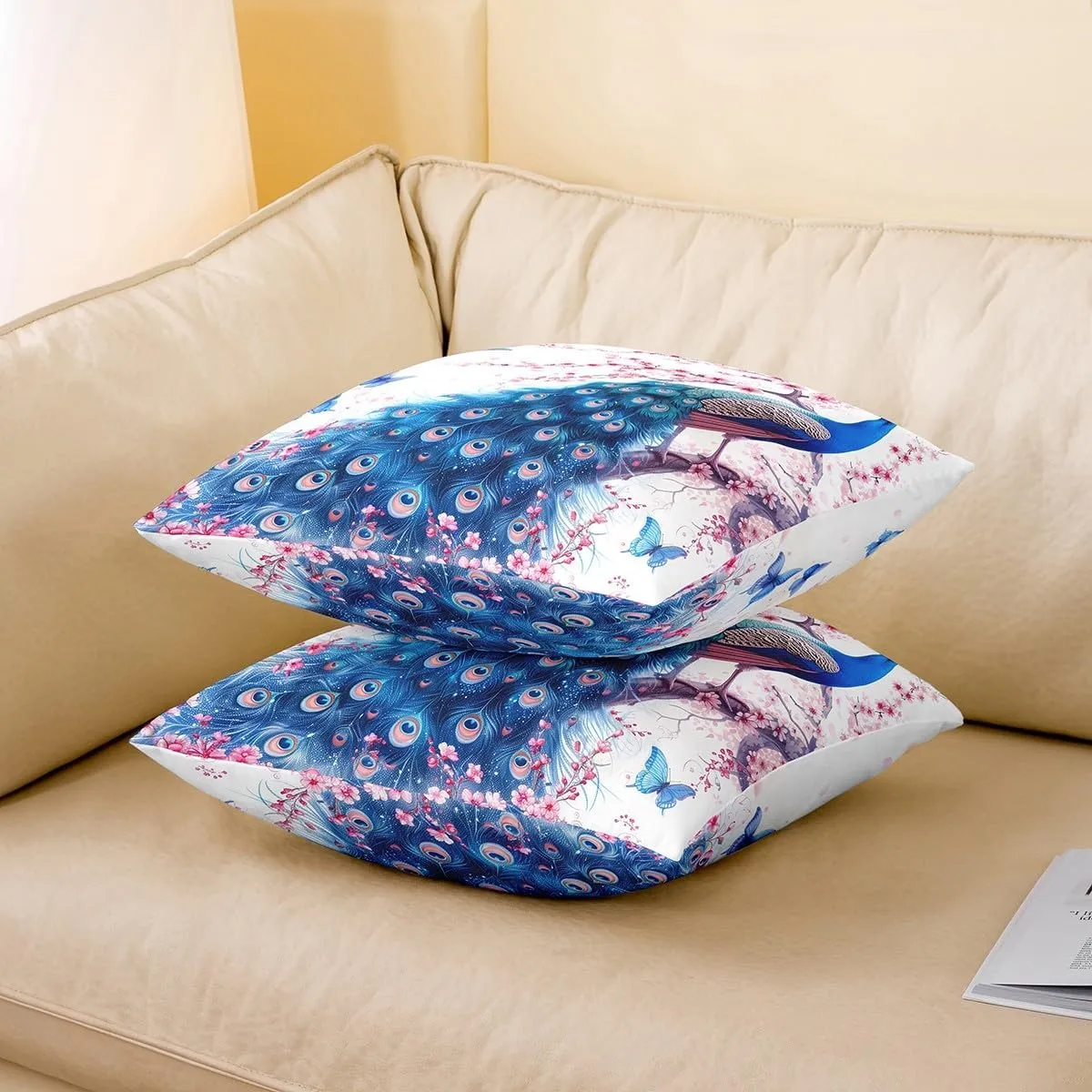 Manfei Peacock Pillow Covers 22"x22" Set of 2,Wild Blue Peacock Birds Reversible Throw Pillow Covers,Watercolor Cherry Blossom Pillow Cases for Kids Boys TeensNatural Butterfly Cushion Covers