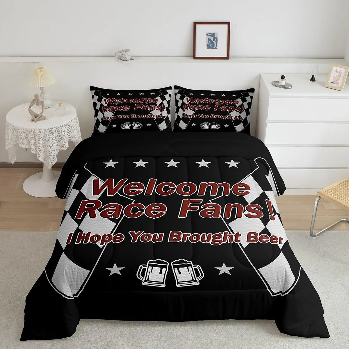 Manfei Race Car Themed Comforter Set with 2 Pillowcases,Black White Checkered Flag Super Soft Microfiber Bedding Set for Adults Teens,Beer Racing Style Duvet Set for Room Decor,King